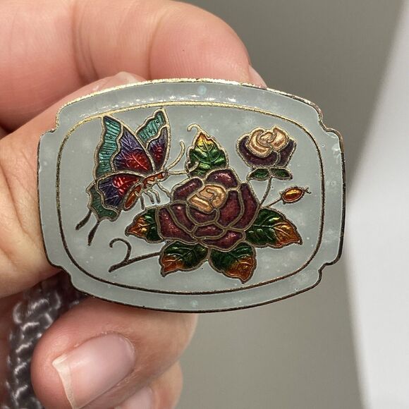 VTG 80s/90s Stretch Waist Belt Braided Cord Gray Cloisonne Butterfly Rose Buckle - Picture 5 of 11